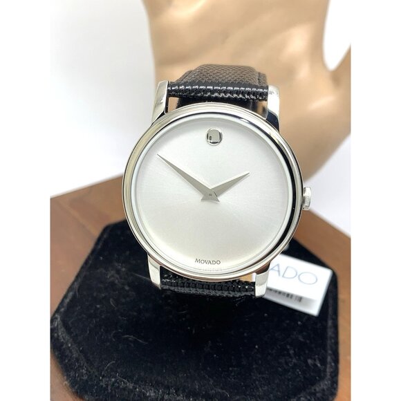 Movado Men's Watch 2100001 Swiss Quartz Silver Dial Black Leather Band 39mm - Picture 1 of 14